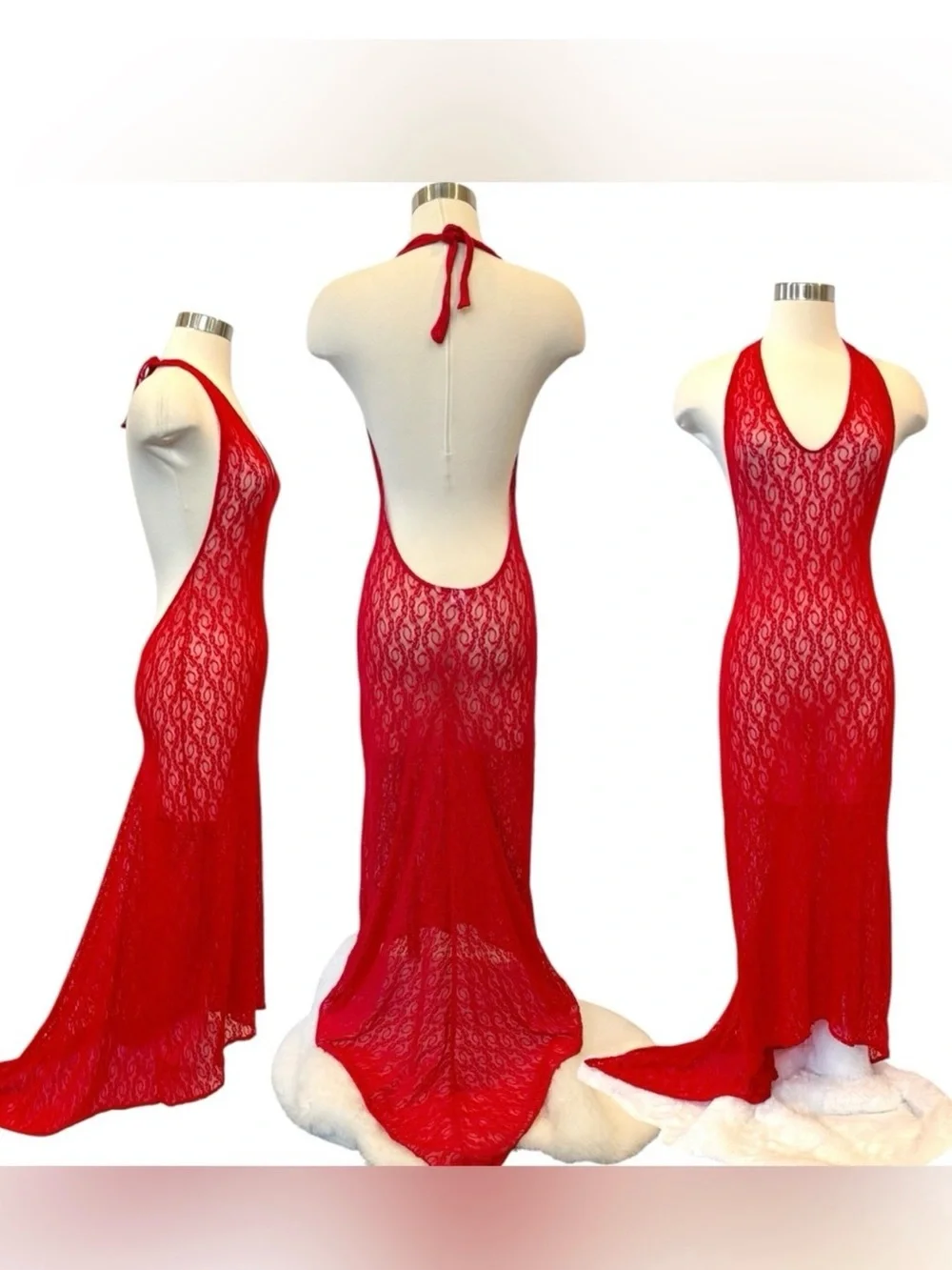 Y2K Victoria’s Secret Red Sheer Stretch Lace Train Vintage Maxi Gown Slip Dress